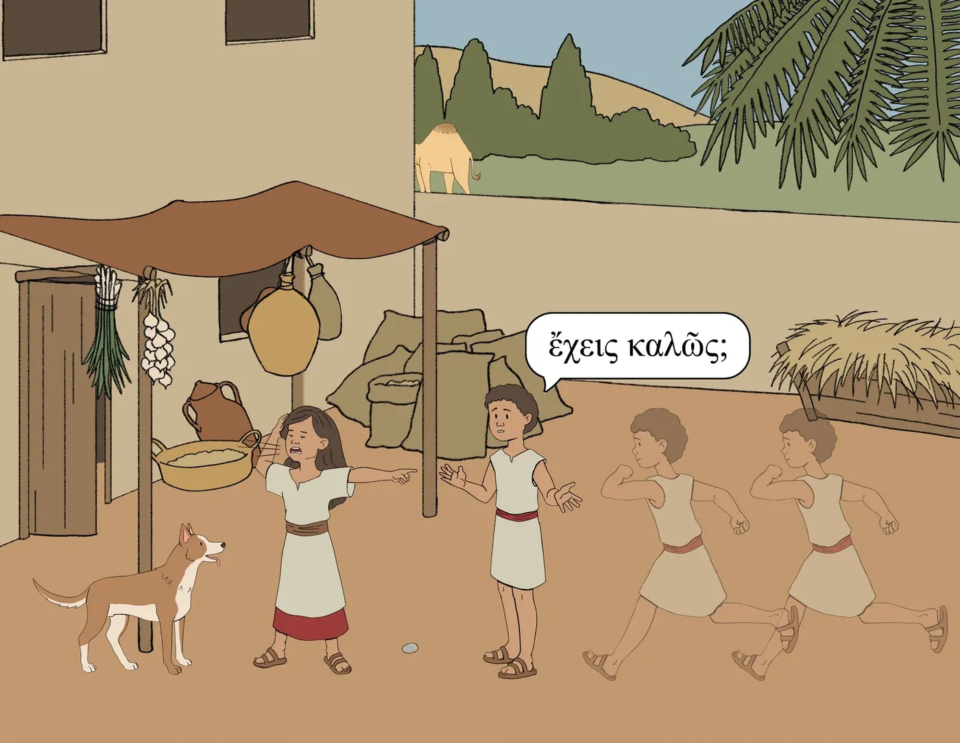 An illustrated story panel from the Greek course: Jacob hurries to his sister in the courtyard and asks her, in Greek, whether she is well